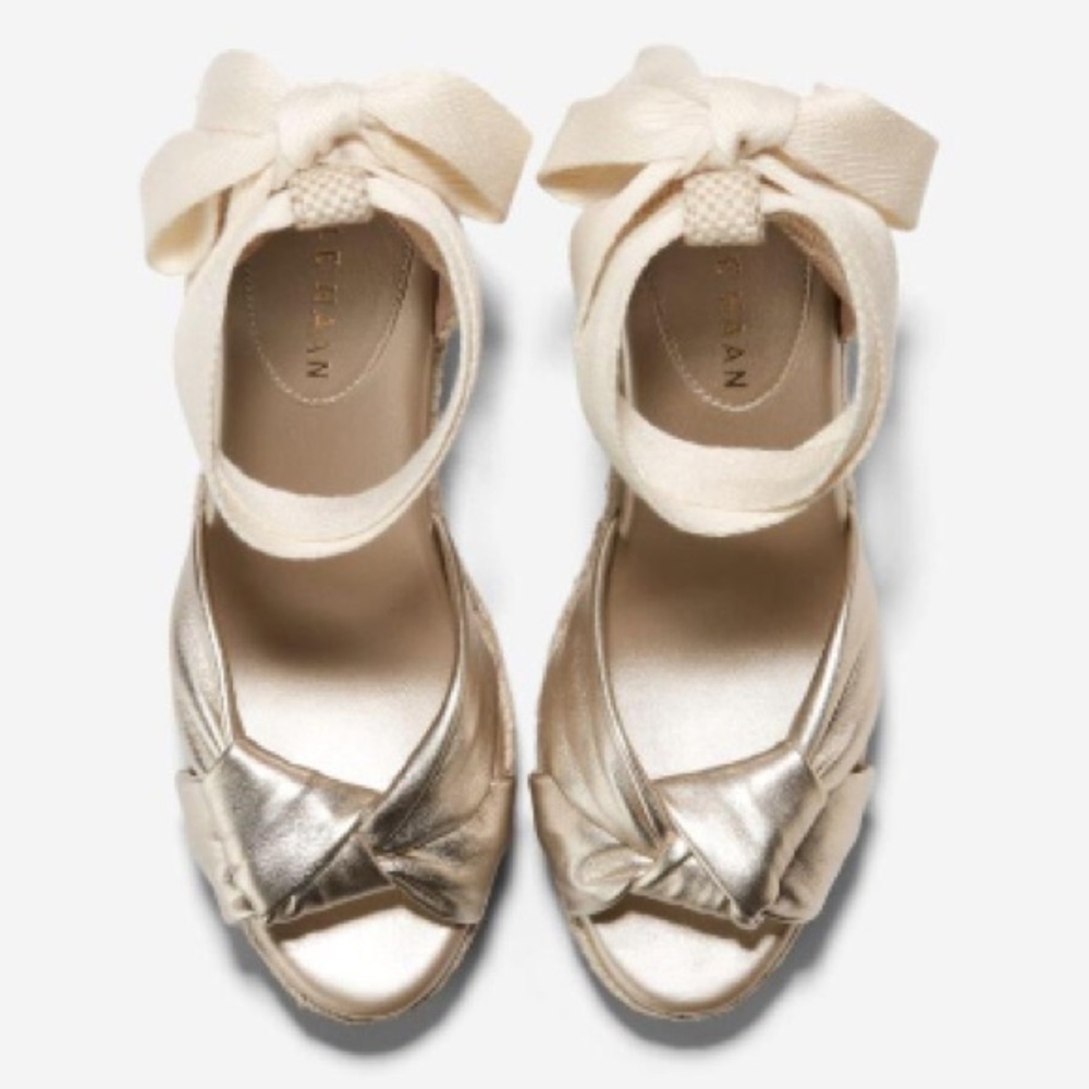 Cole Haan Women's 8 Cloudfeel Hampton Wedge Sandals Soft Gold-natural Canvas - Picture 2 of 9